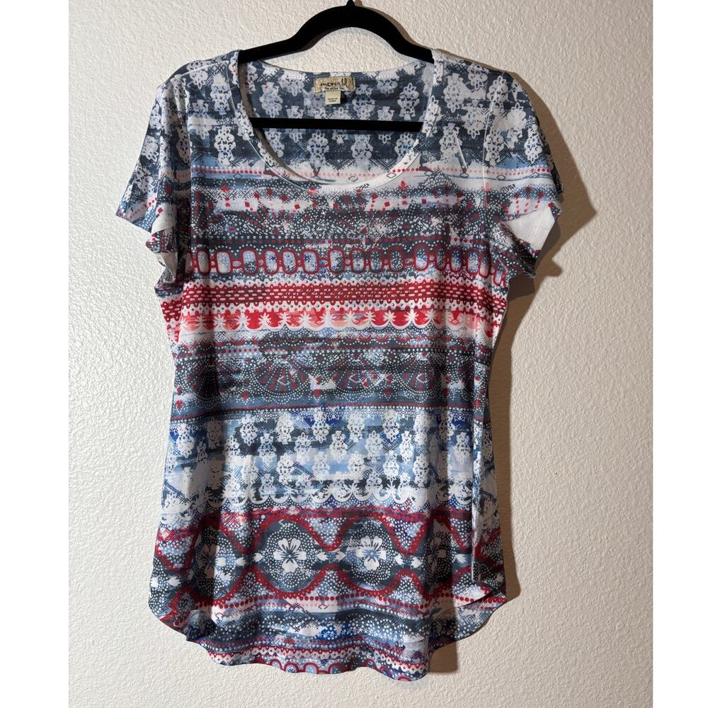 One World Size L Red Blue Mixed Floral Geo Print Scoop Neck Embellished T-Shirt
